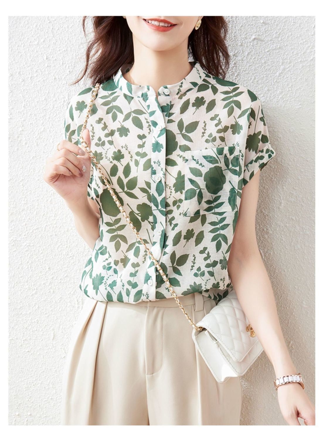 Chiffonbluse, kortærmet blomstret top til kvinder, moderigtig, stilfuld fransk printet bluse, tynd
