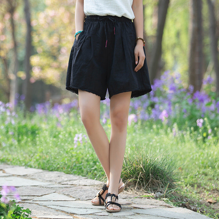Vintage Raw-edged Drawstring Casual Loose Linen Five-point Wide-leg Pants