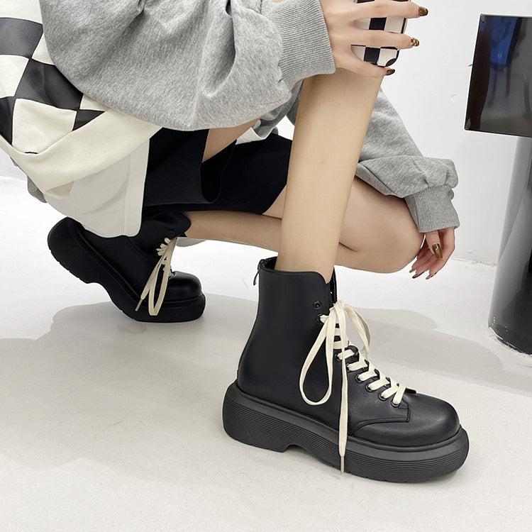 Simple Thick-soled Short Tube Lace-up Women's Boots