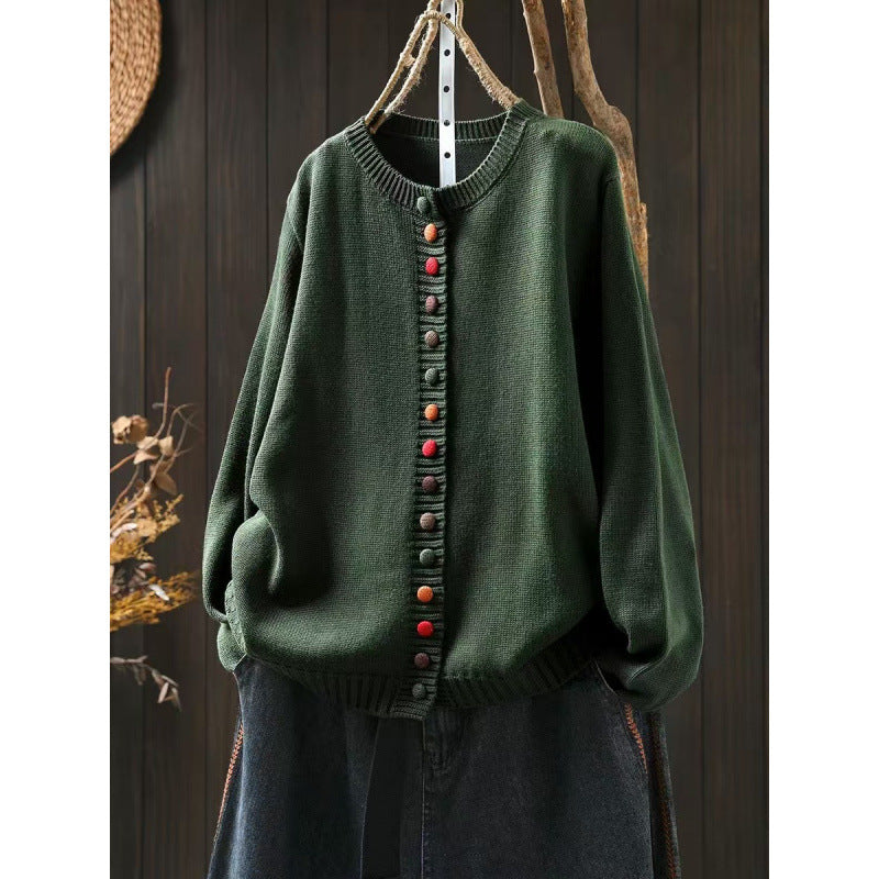 Retro Artistic Coat With Color Buttons Is Loose And Casual