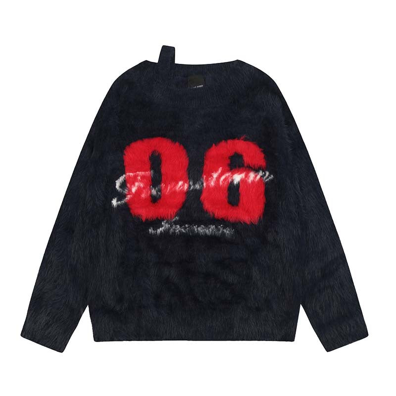 American High Street Letters And Numbers Jacquard Artificial Mink Hair Soft Glutinous Sweater For Women