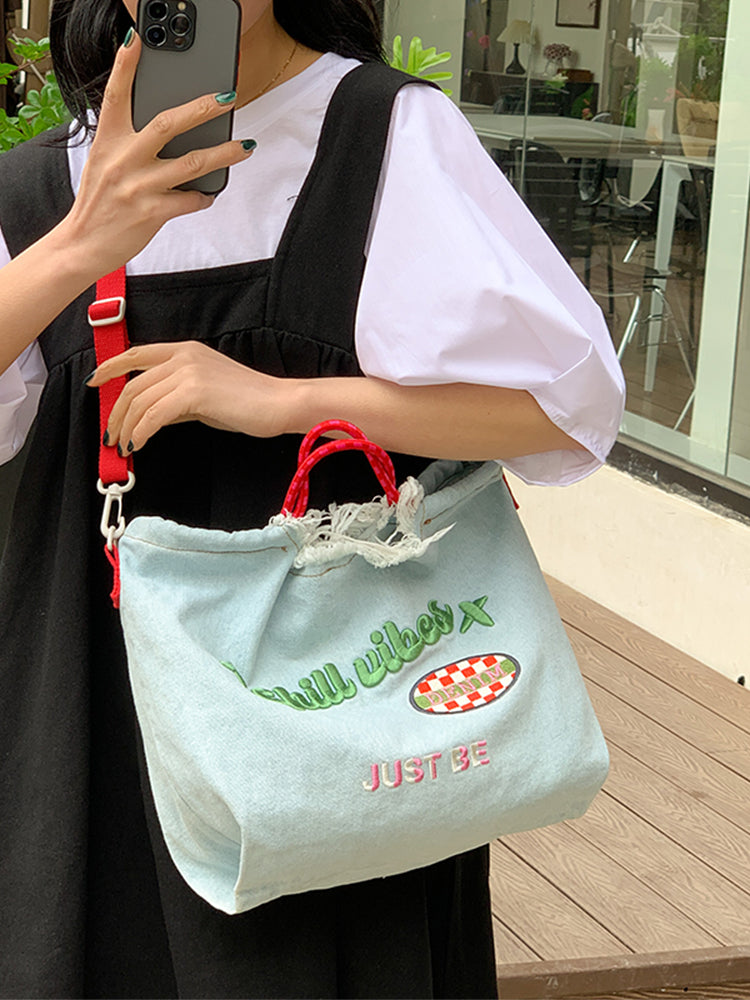 Women's Large Capacity Embroidered Denim Shoulder Bag