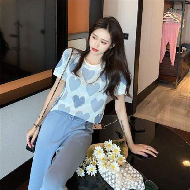Women's Summer Loose Heart Jacquard Beaded Knitted T-shirt Short Sleeve