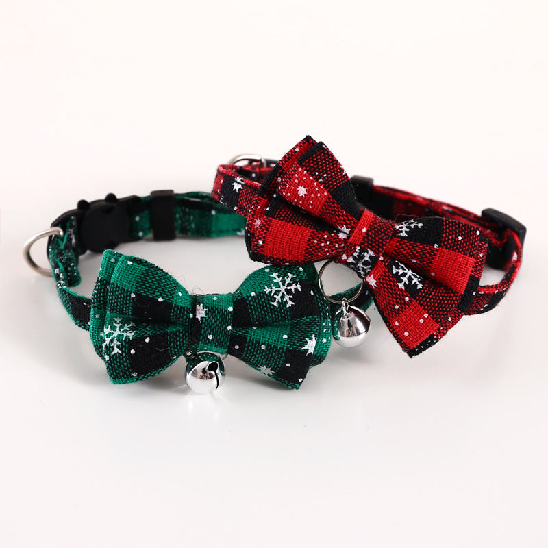 Pet Adjustable Anti-suffocation Double-layer Bow Snowflake Plaid Christmas Collar Cat Dog Bell Accessories Necklace