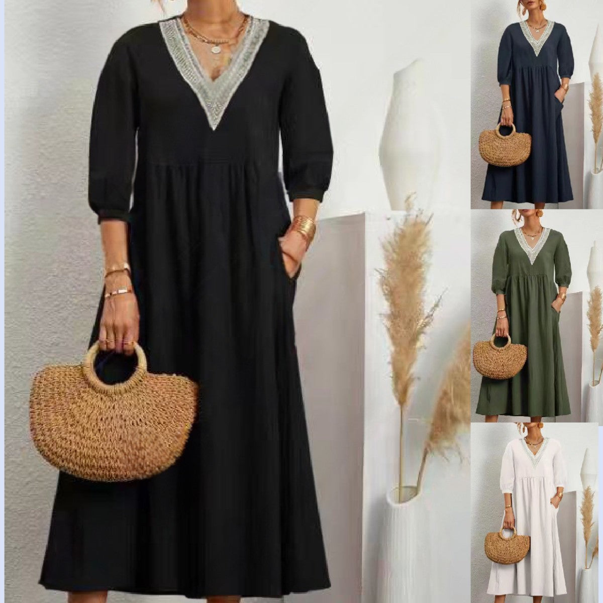 Solid-color Lantern-sleeve Loose Lace Dress