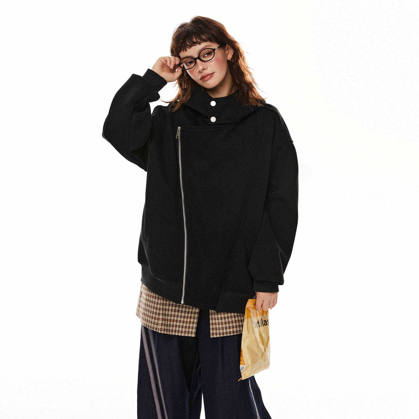 Retro cardigan med dobbelt lynlås, hættetrøje, uregelmæssig jakke til kvinder