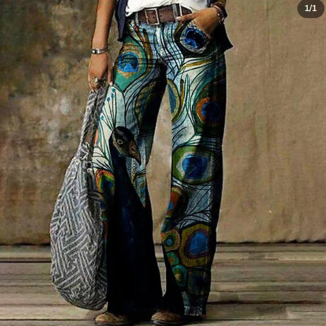 Classic Peacock Print Straight Jeans