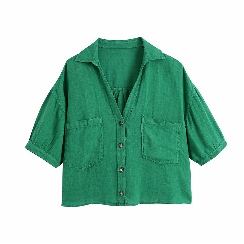 Women's Summer Solid Color Lapel Casual Short Shirt Top