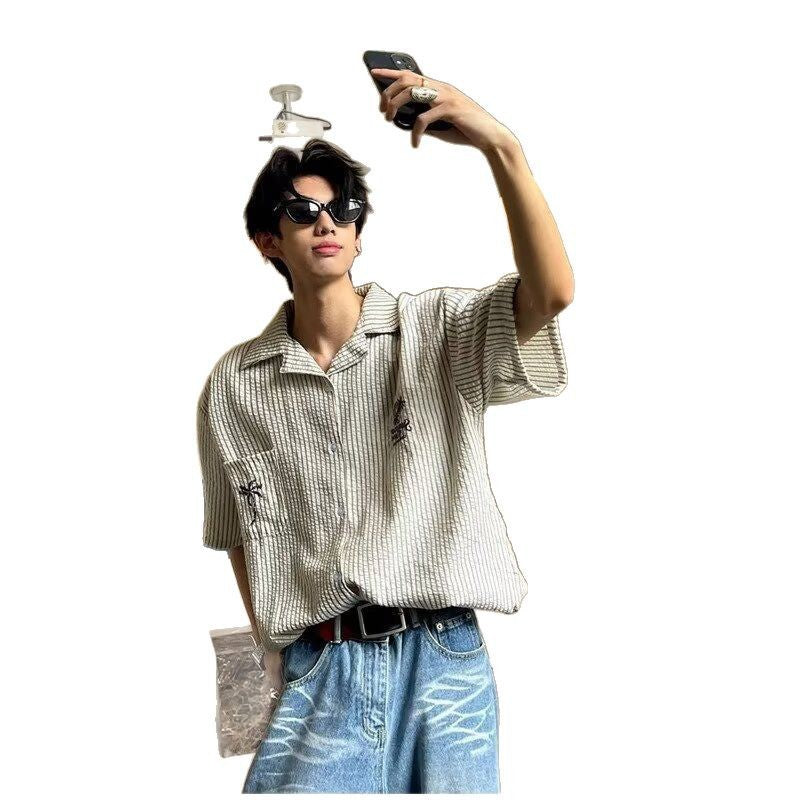 Men's Coconut Tree Embroidered Niche Design Casual Loose-fit Shirt