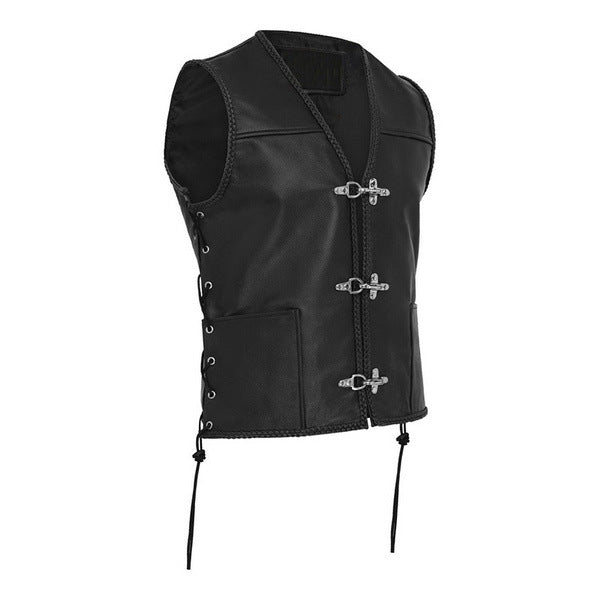 Men's Leather Vest V-neck Single-breasted Side Straps Short Sleeveless Top