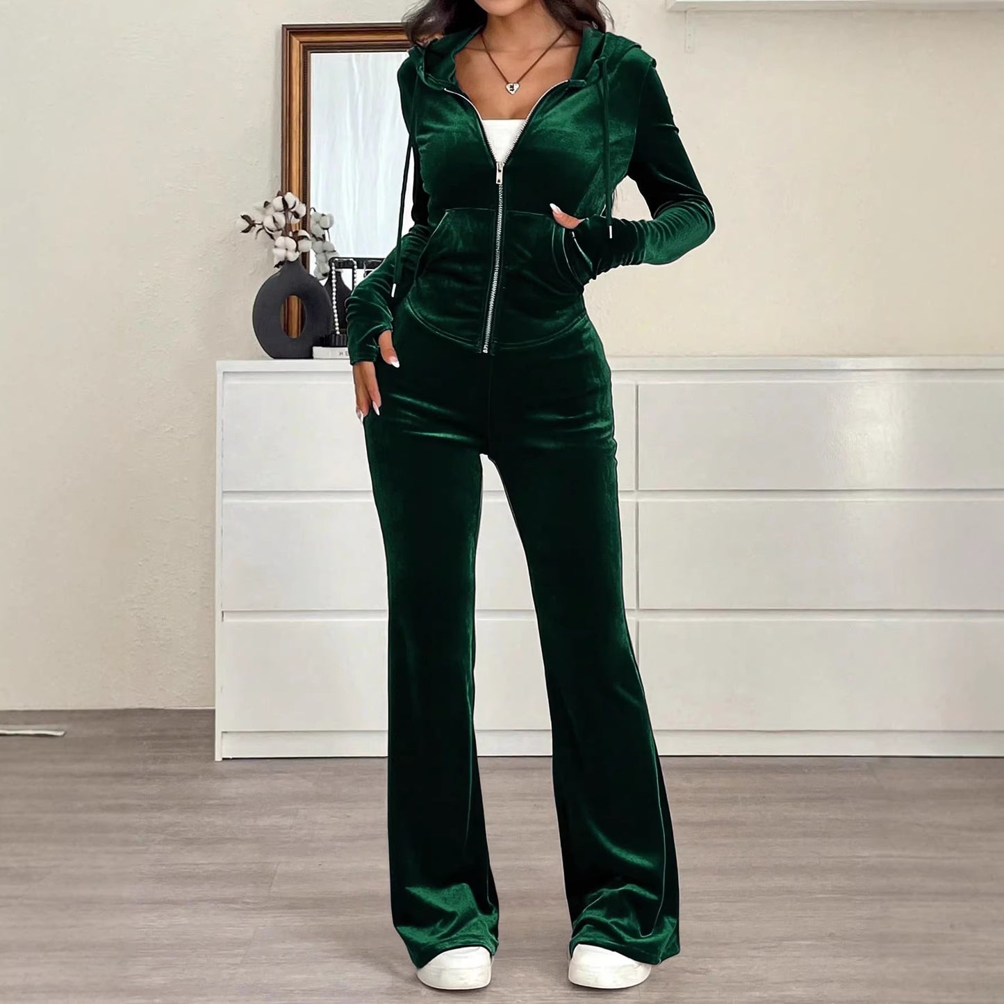 New Stylish Two-piece Set Featuring A Zip-up Hoodie And Flared Pants