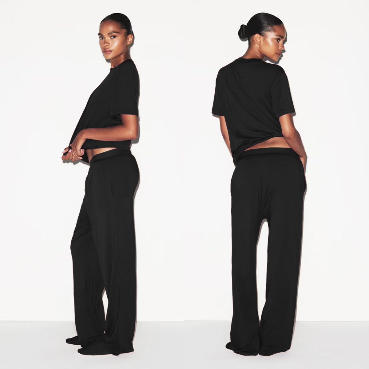 Womens Casual Loose Short-Sleeve Top And Wide-Leg Pants Set