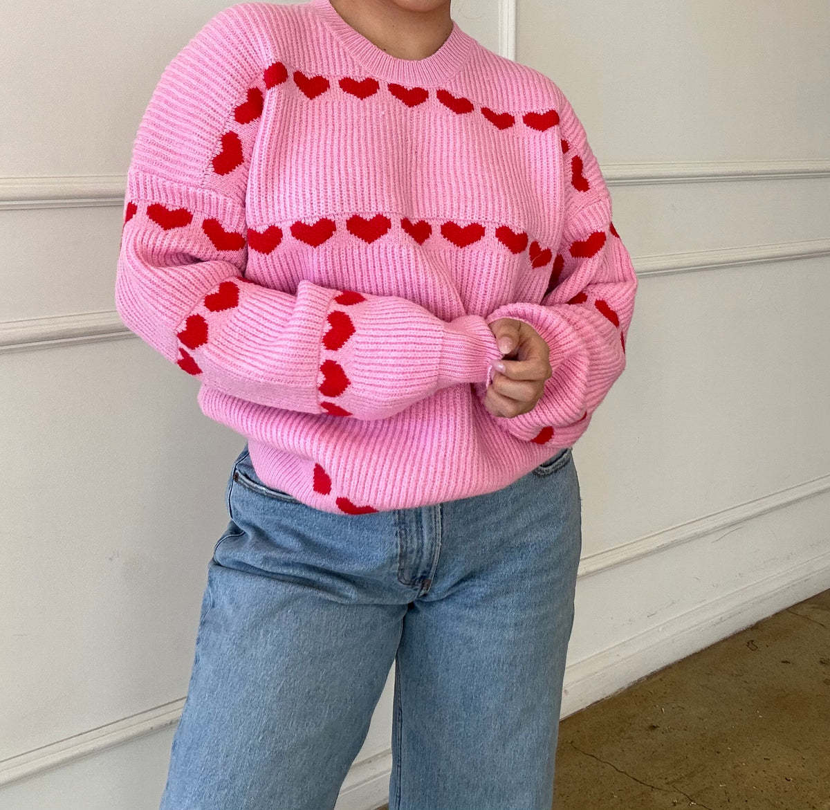 Sweet Cute Love Heart Two-tone Jacquard Contrast Color Round Neck Long Sleeve Sweater