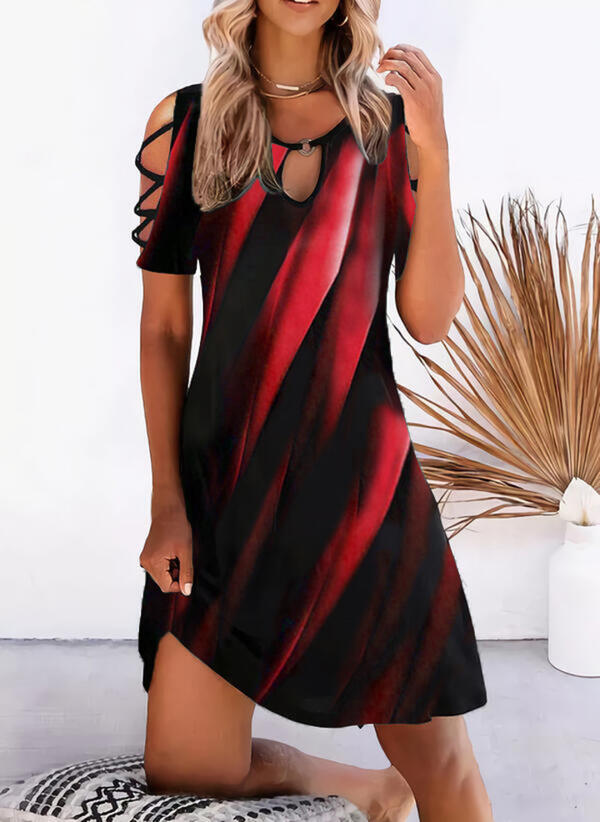Womens Printed Short-Sleeve Off-Shoulder Casual Vacation Cinched Dress