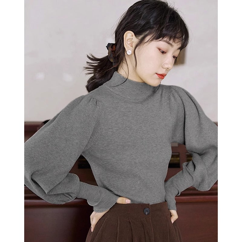 Womens French-style Puff-sleeve Mock-neck Base Layer Top