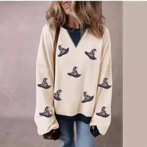 Hat Printed Sports Long Sleeve Pullover Loose Round Neck Sweater