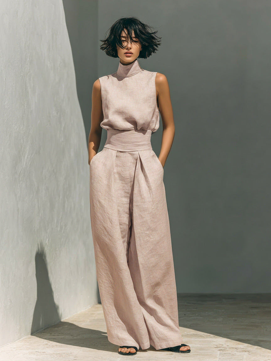 Womens Cotton-Linen Blend Sleeveless Top And Wide-Leg Pants Set