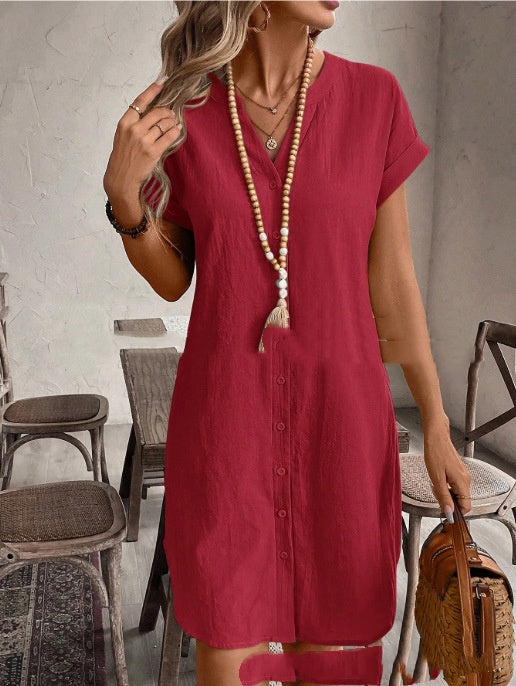 Color Cotton-linen V-neck Button-up Loose Casual Dress