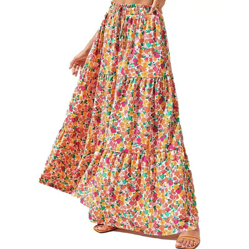 Flower Print Elastic Waist Skirt