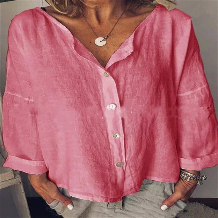 Women's Casual Round Neck Shirt With Solid Color Buckle