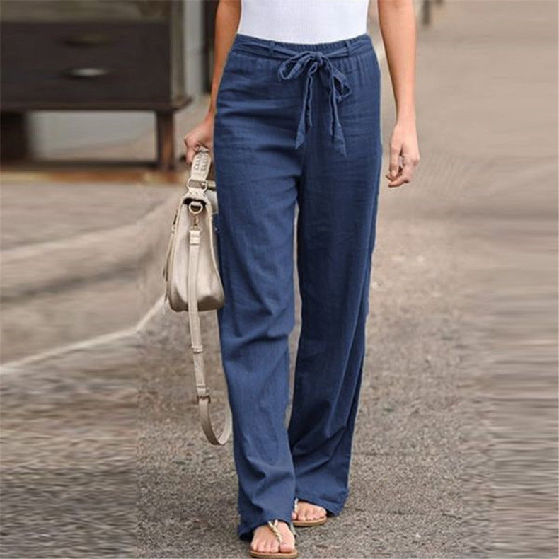 European And American Cotton And Linen Casual Wide-leg Pure Color Elastic Waist Lace-up Loose Women's Trousers