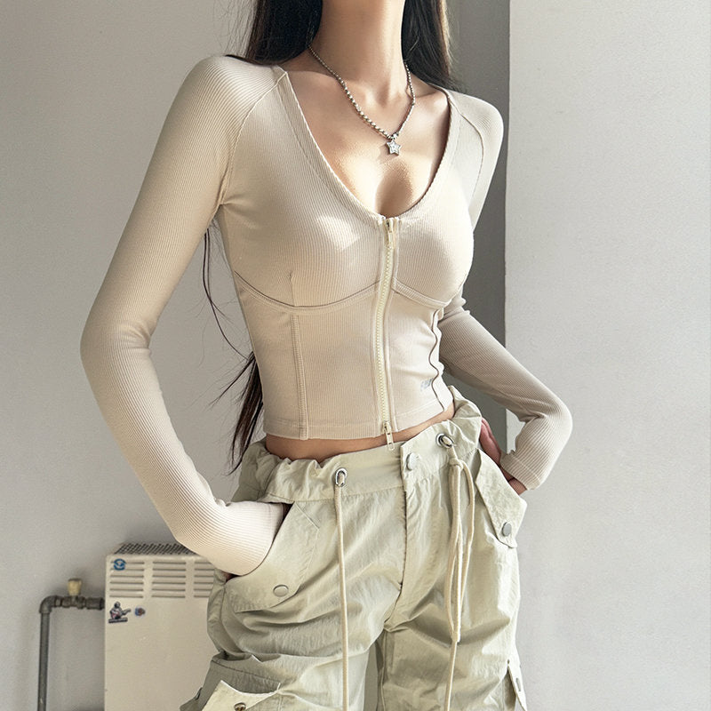 Women's Casual Solid Color Zipper Fishbone V-neck Long Sleeved Shirt