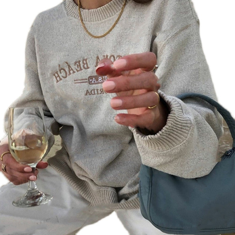 American Retro Women's Fleece Long Sleeve Round Neck Sweater