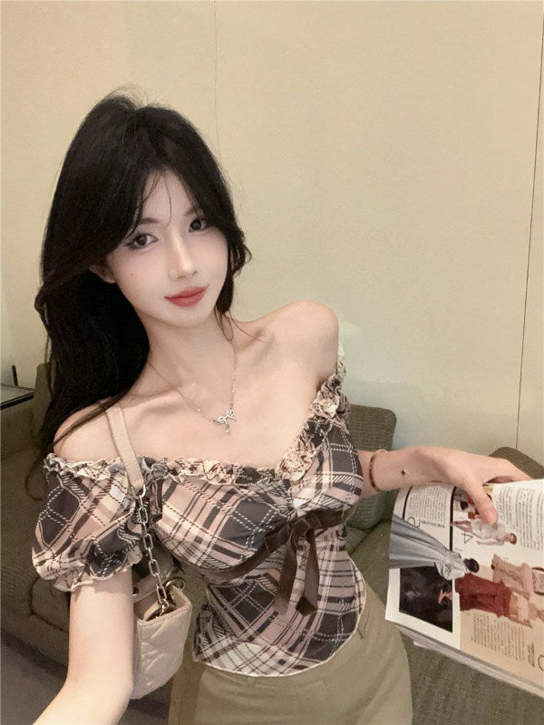 Plaid Puff Short Sleeve Blouse With Lace Trim For Women