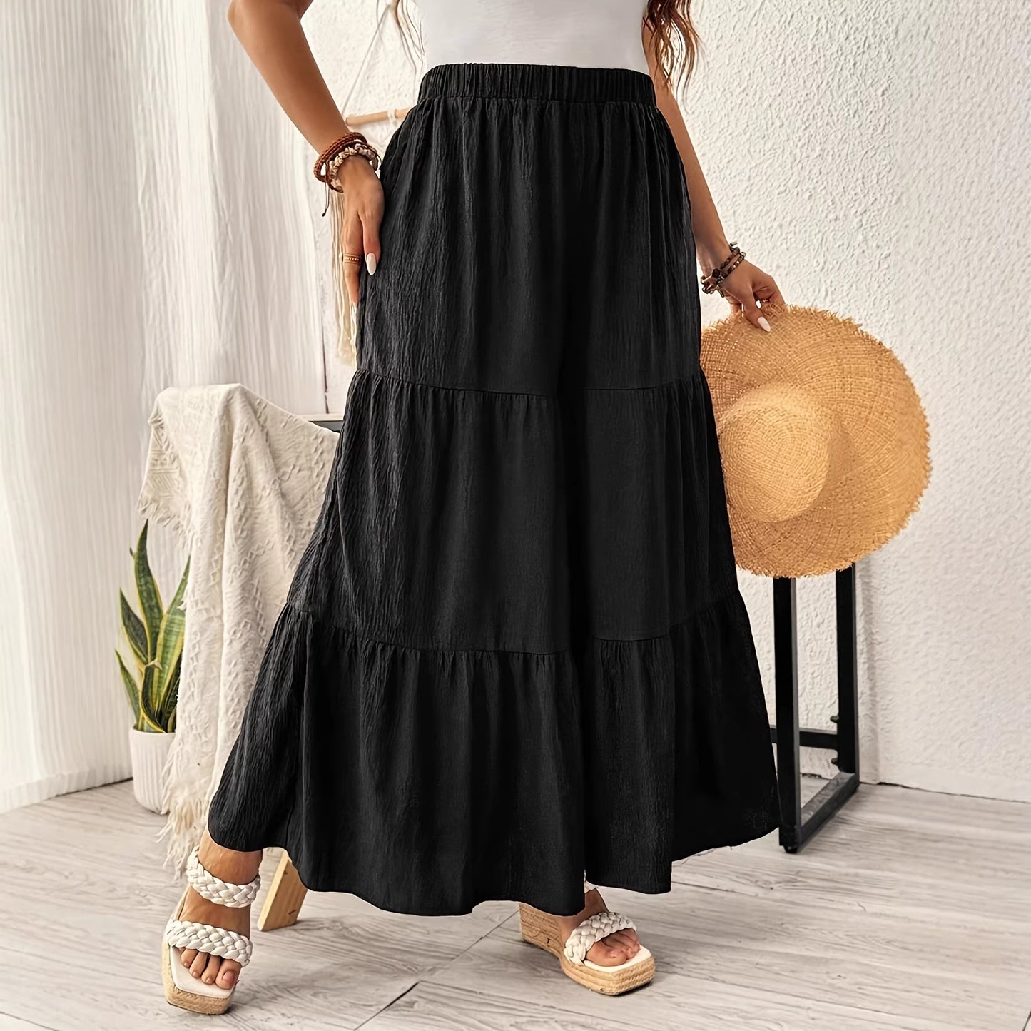 Casual Relaxed-fit Pleated Wide-leg Layered Cake Pants