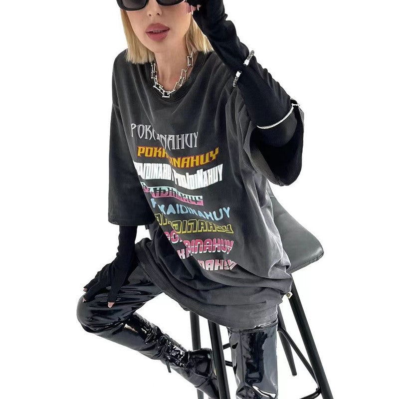 Retro Style Distressed Short Sleeve Loose Casual Cool Letter Printed Washed Gray Trendy T-shirt