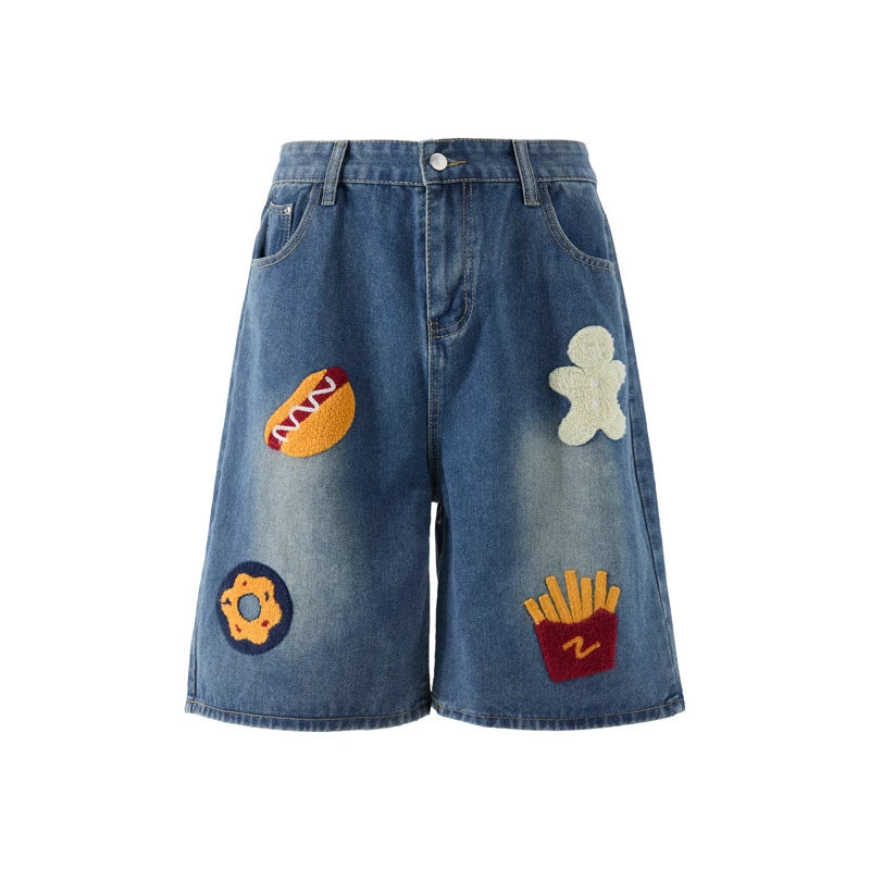 Creative Towel Embroidery Denim Shorts Male And Female Trendy Brand High Street Straight Shorts
