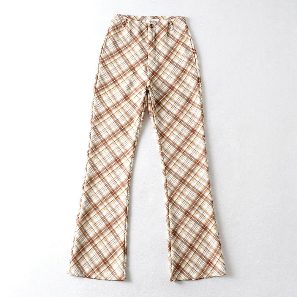 American Retro Flared High Waist Plaid Pants