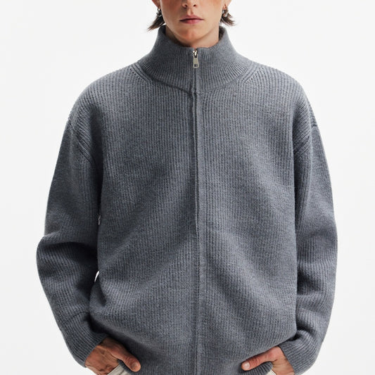Double Zipper Heavy Stand Collar Cardigan Sweater Winter Solid Color Coat