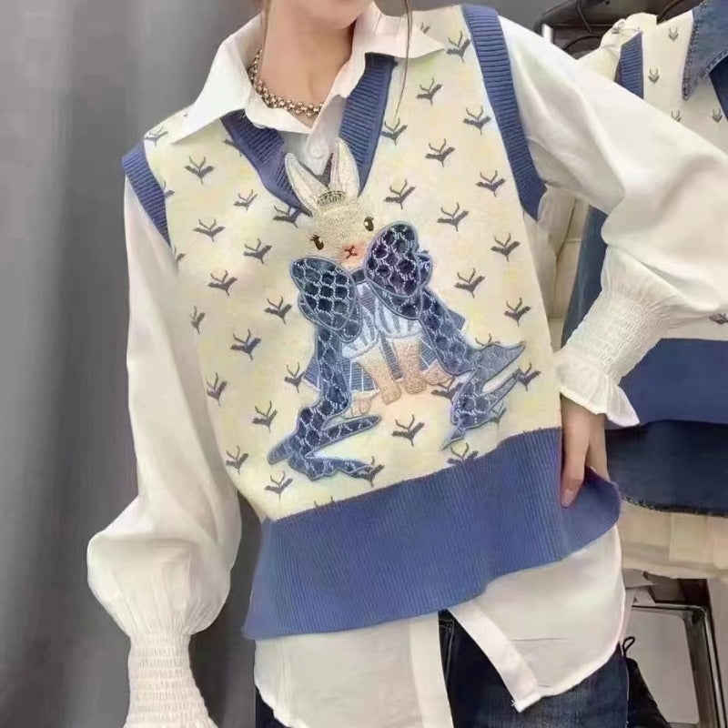 Embroidered Knitted Vest Cartoon Rabbit