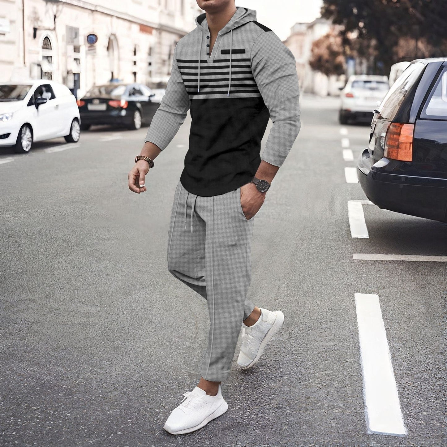 European And American Striped Long-sleeve Hoodie And Pants Set