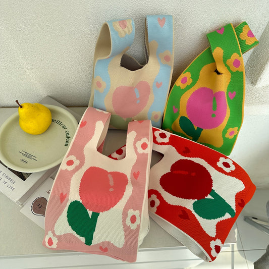 Spring Tulip Knitted Bags Contrast Color And Versatile Hand Carrying