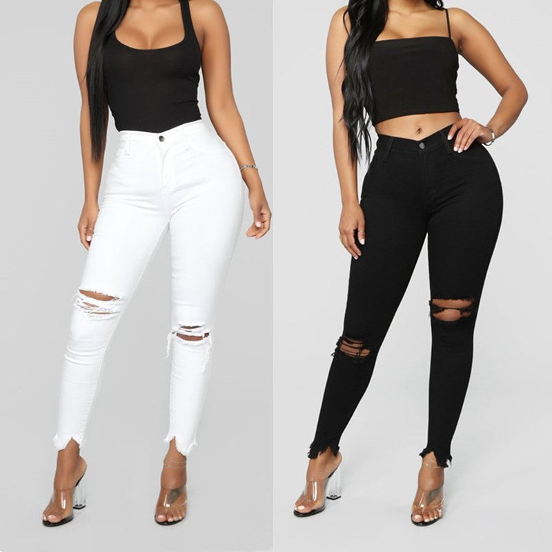 ripped solid denim long pants