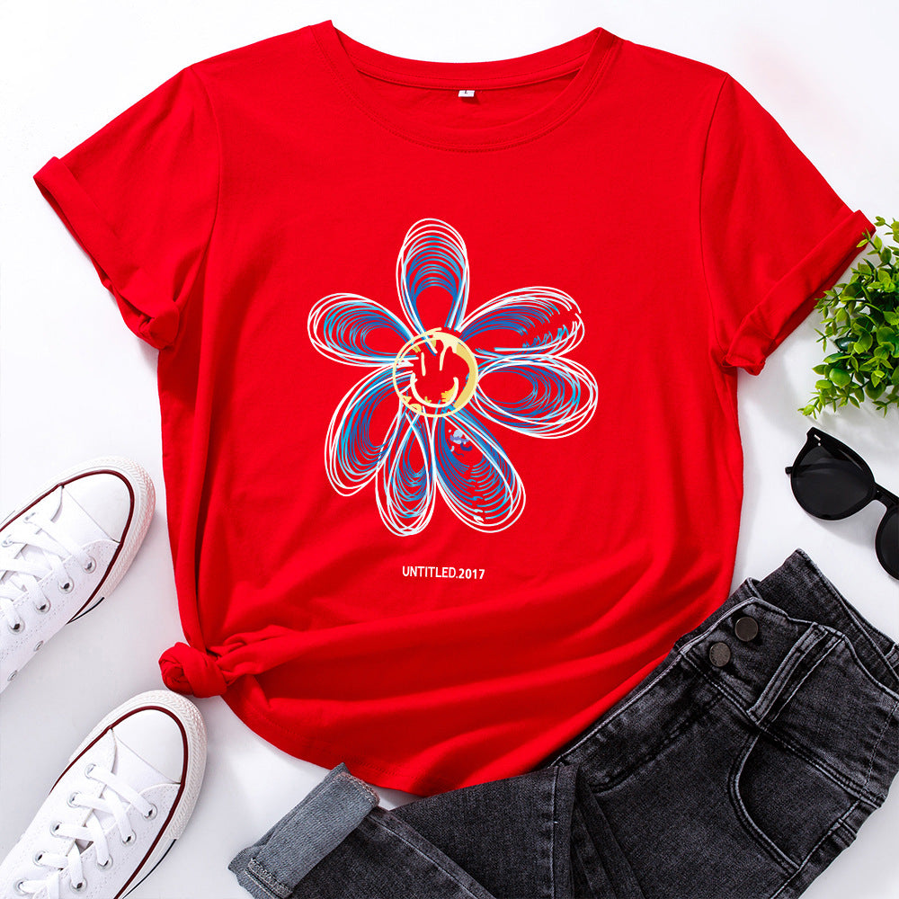 European And American Cotton Loose Round Neck Creative Flower Short Sleeve