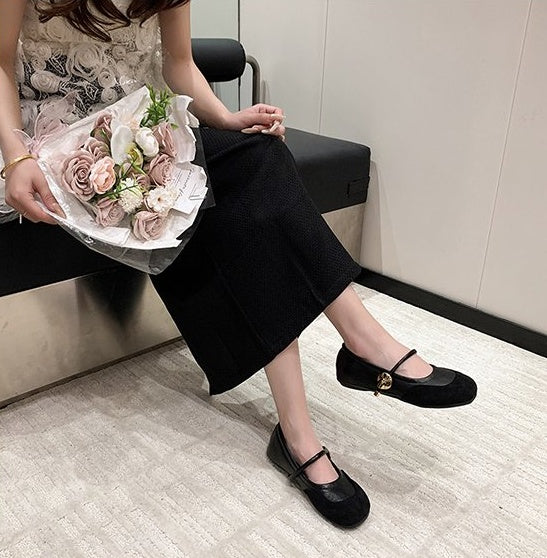 Fashion French Style Gentle Late-Wind Shoes, One-Strap Splicing Round Toe Hidden Wedge Mary Jane Ballet Flats