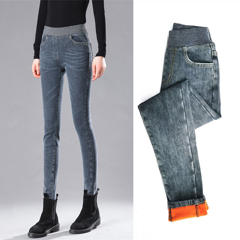 Women's warm stretch and velvet elastic waist jeans for winter