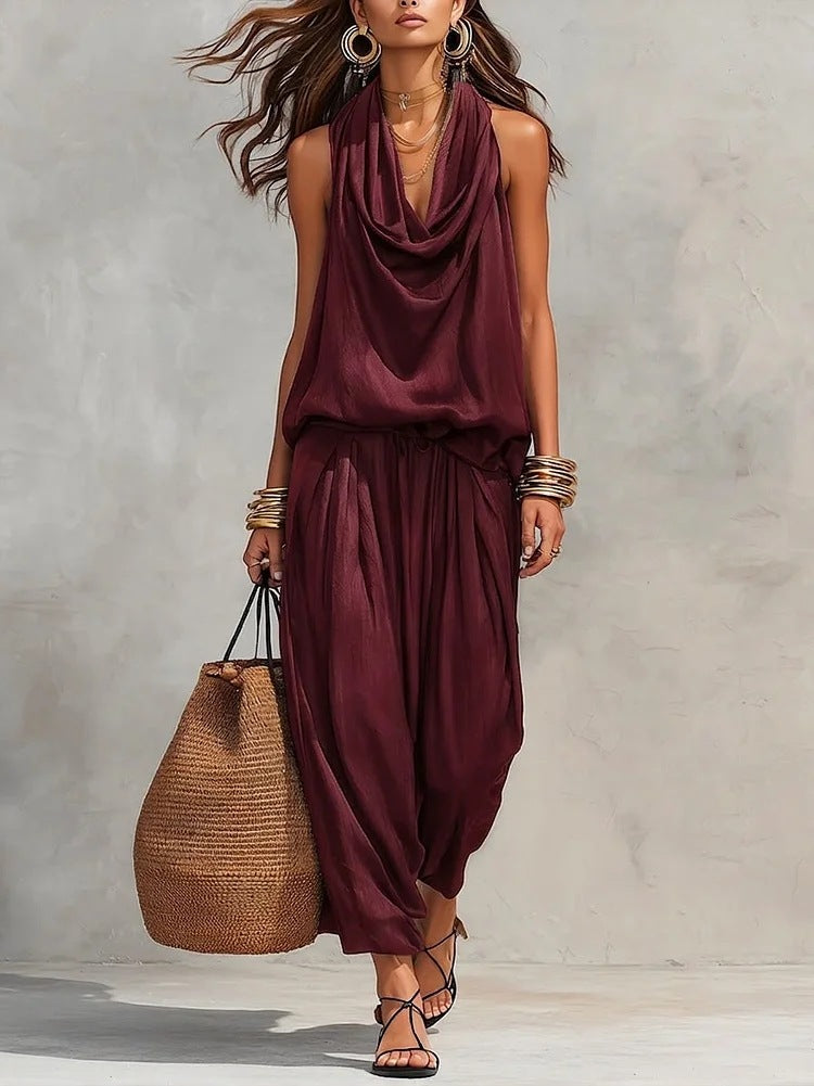 Womens Draped-Neck Vest And Casual Pants Set