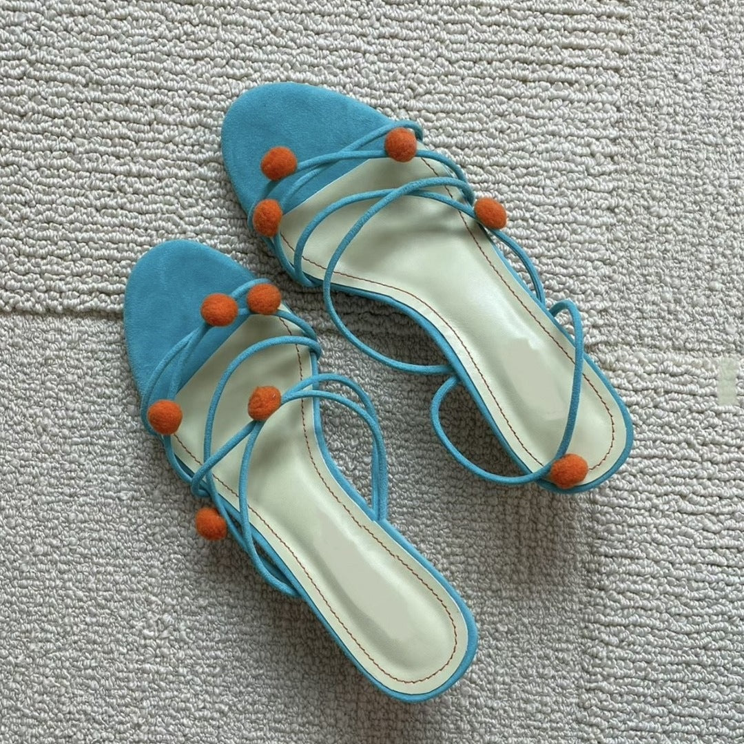French Genuine Leather Niche Ball Lace-up High-heeled Sandals Thin Strap Open Toe