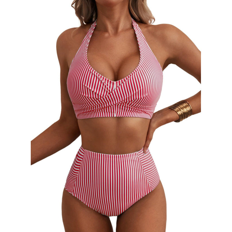 Neck-tie Pocket Swimsuit Striped Swimsuit For The Beach