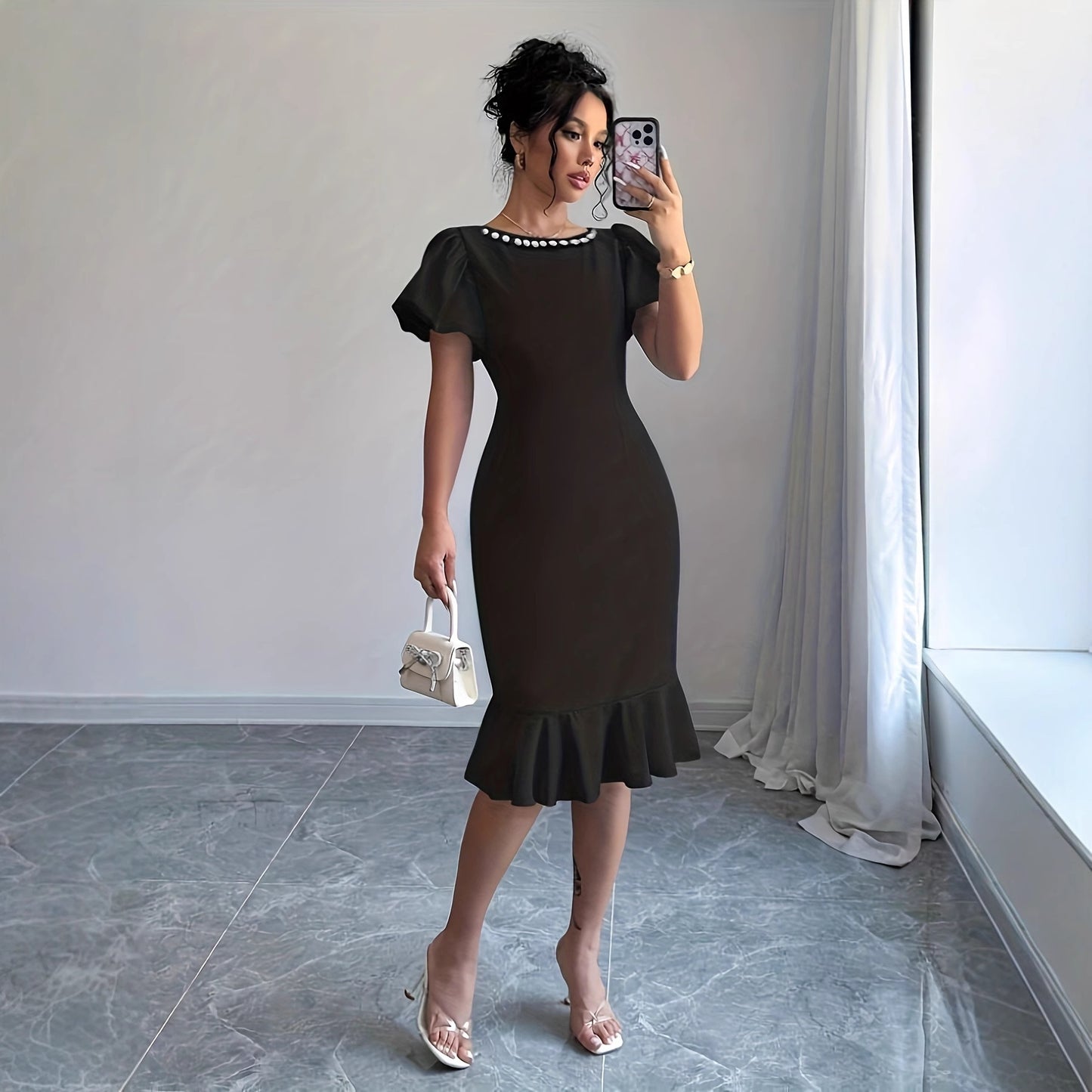 Solid-color Bubble-sleeve Mermaid Slimming Dress