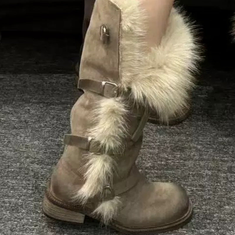 New Winter Retro Chic All-Match Leather-Buckle High-Top Furry Snow Boots For Women