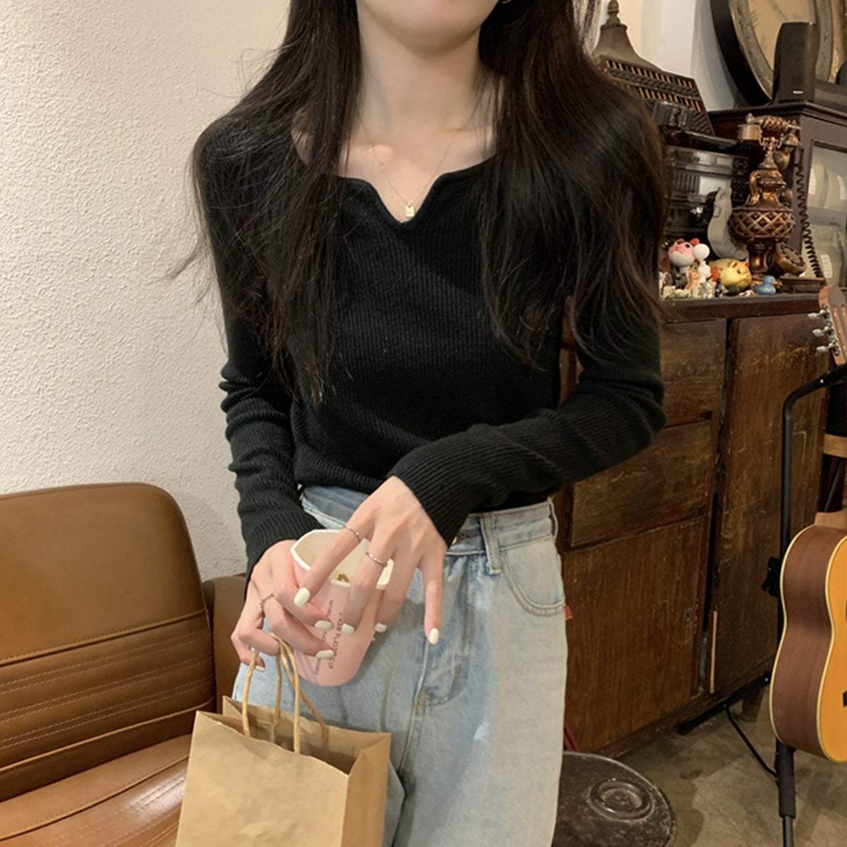 Slim Fit Square Collar Niche Female Knitting Sweater
