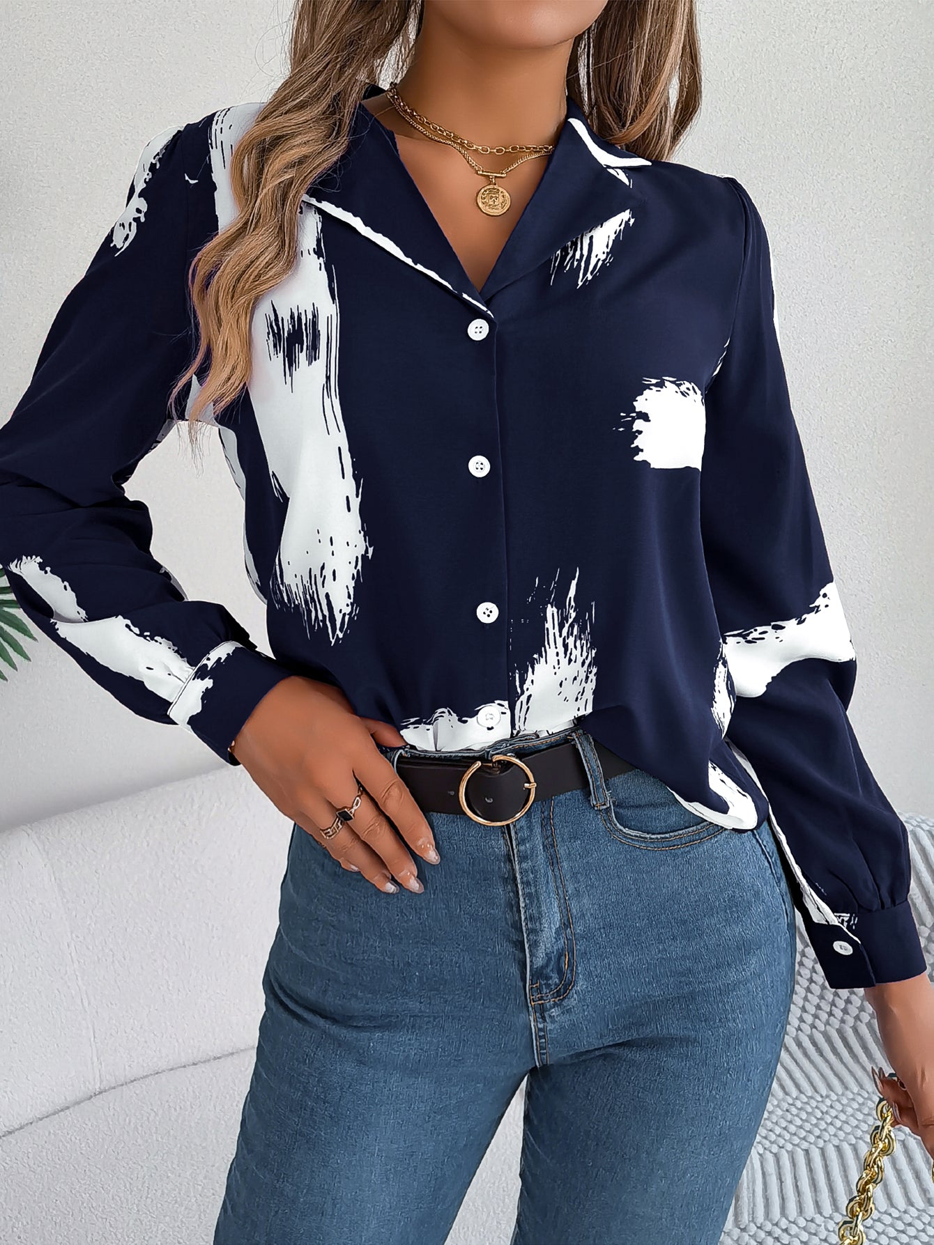 Women's Elegant Color Block Stripe Notched Lapel Long Sleeve Shirt