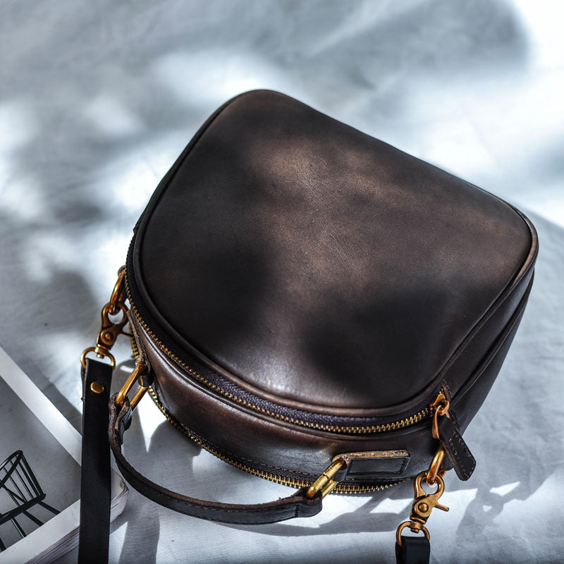 Japansk-inspireret Retro Originalt Design Håndlavet Crossbody-taske i Ægte Læder med Dobbelt Lynlås og Skelet-skin
