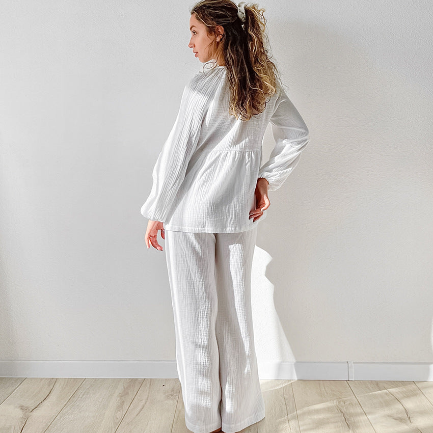 Pure Cotton Comfortable Casual Pajamas Autumn Womens Long-Sleeve Pants Loungewear