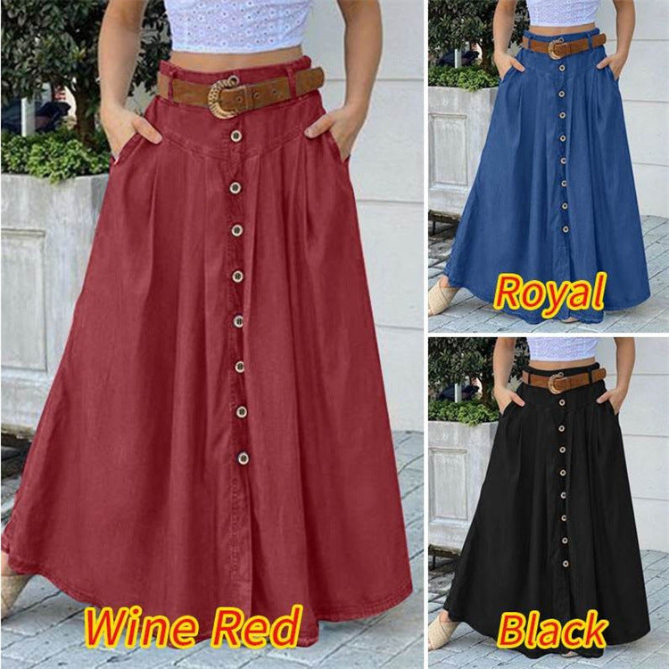 Fall Women's Long Dress Button High Waist Pure Color Pocket Casual